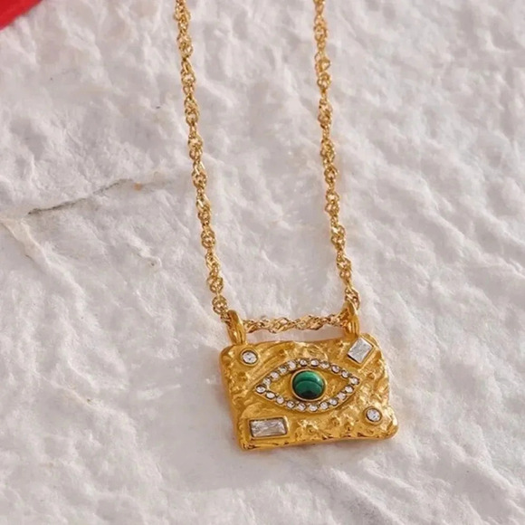 Malachite 18KGold Plated Stainless Steel Waterproof Protect Eyes Necklace - Picture 1 of 10